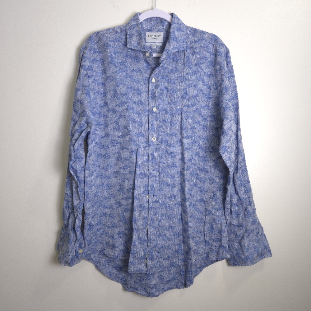 LEDBURY Linen Blue Camo Tailored Fit Casual‎ Dress Shirt 16.5 / L